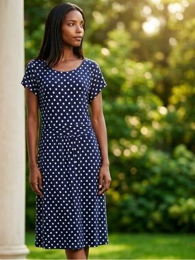 BODEN Amelia Dress Polka Dot Blue White Jersey Knit Cap Sleeves J0326 16/18L